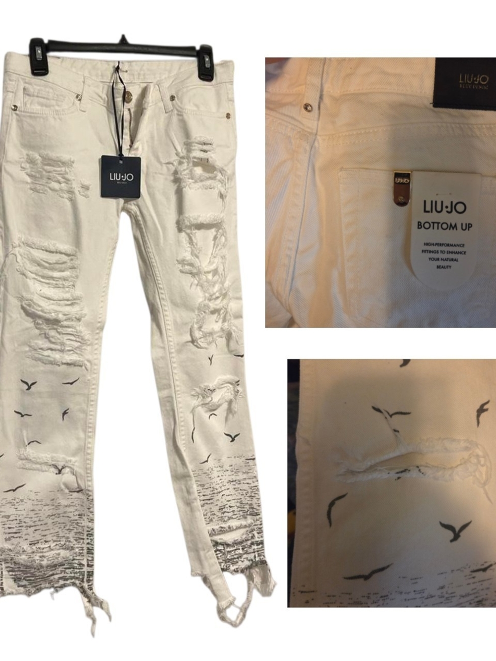 Liu Jo Off-White Distressed Skinny Jeans with Seagull Print